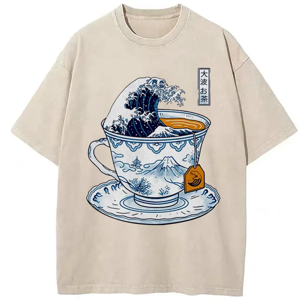 Modecanvas The Great Kanagawa Tea Japan Culture Creative Washed T-Shirt