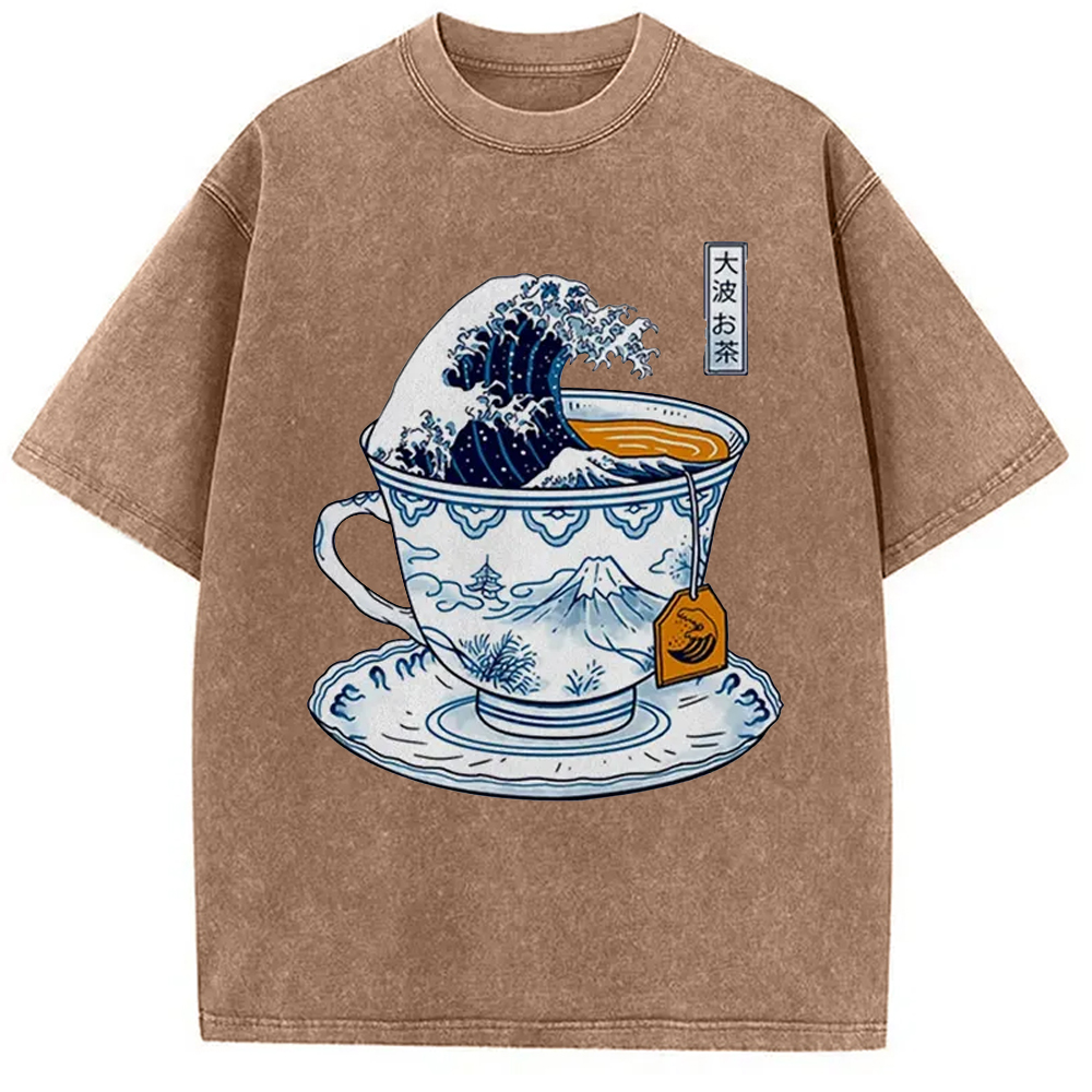 Modecanvas The Great Kanagawa Tea Japan Culture Creative Washed T-Shirt
