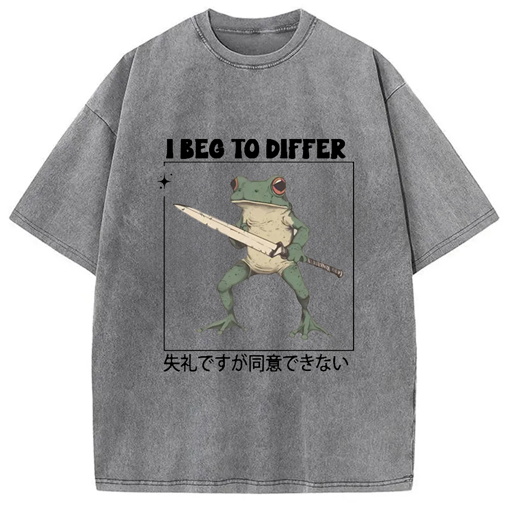 Modecanvas Funny Frog Graphic I Beg To Differ Frog Japanese Washed T-Shirt