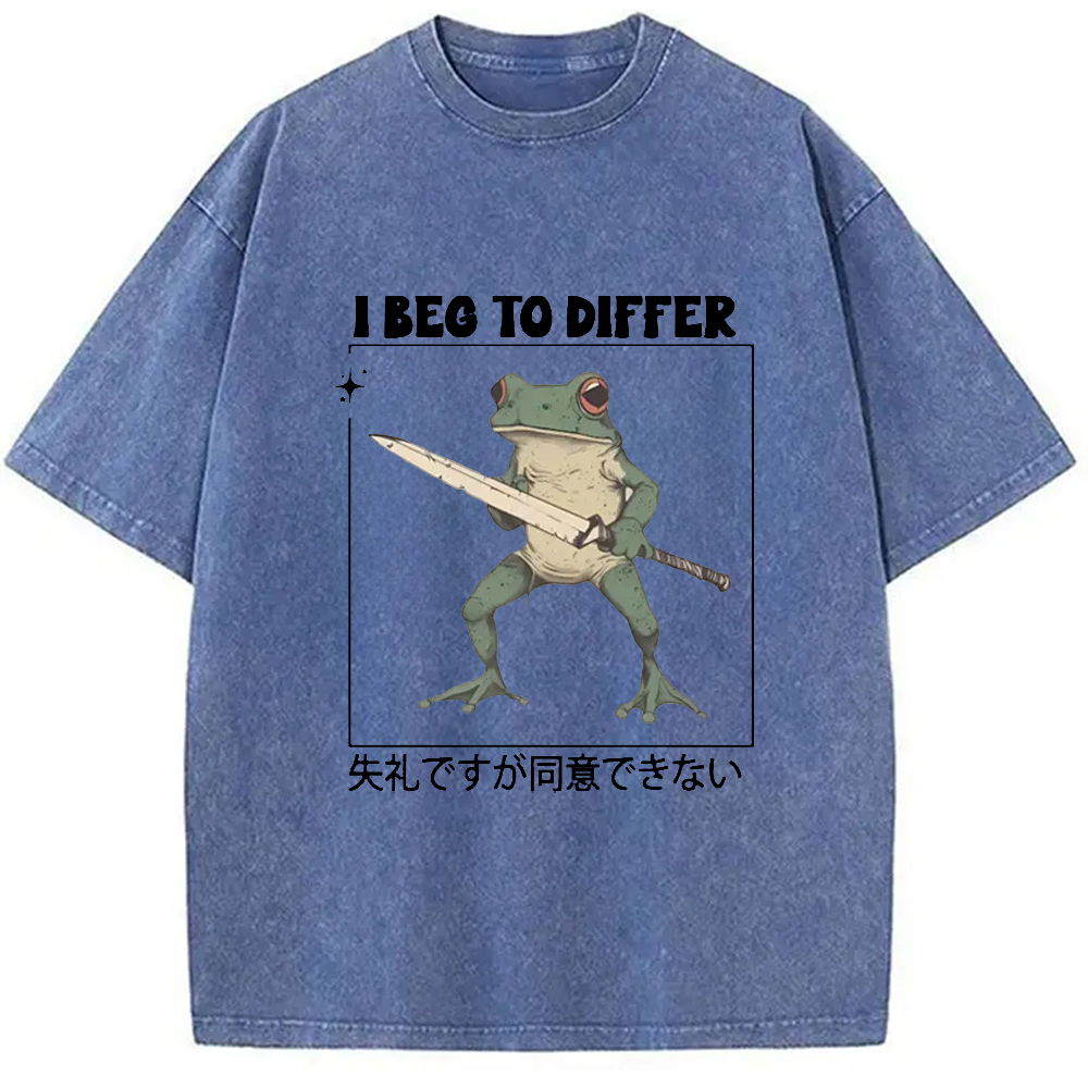 Modecanvas Funny Frog Graphic I Beg To Differ Frog Japanese Washed T-Shirt