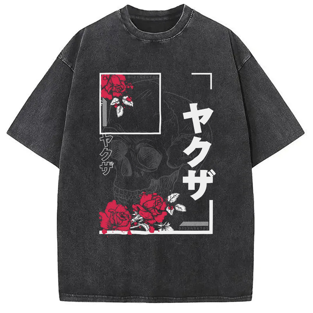 Modecanvas Skull And Roses Japanese Washed T-Shirt