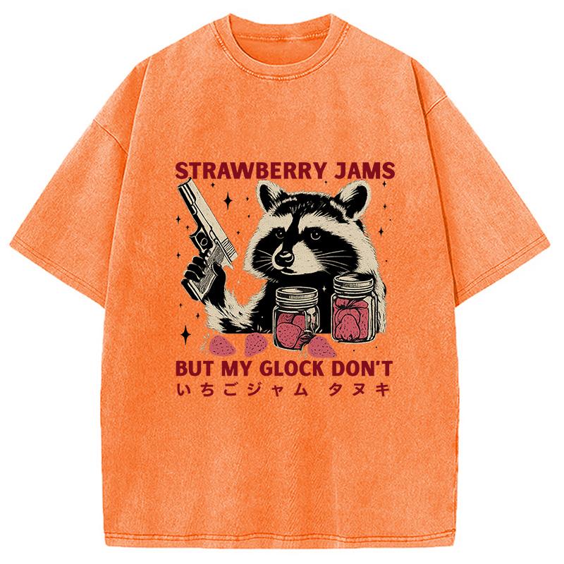 Modecanvas Strawberry Jams Funny Raccoon Washed T-Shirt For Sale