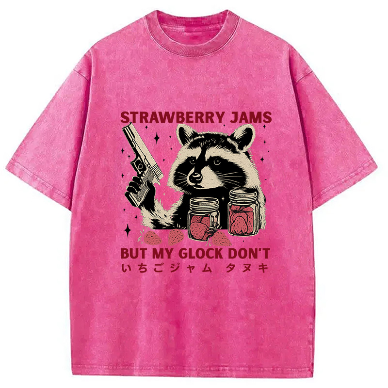 Modecanvas Strawberry Jams Funny Raccoon Washed T-Shirt For Sale