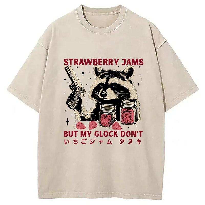 Modecanvas Strawberry Jams Funny Raccoon Washed T-Shirt For Sale
