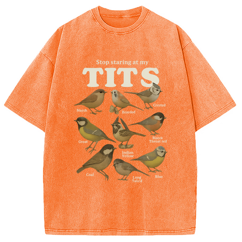 Modecanvas Stop Staring At My Tits Meme Bird Washed T-Shirt