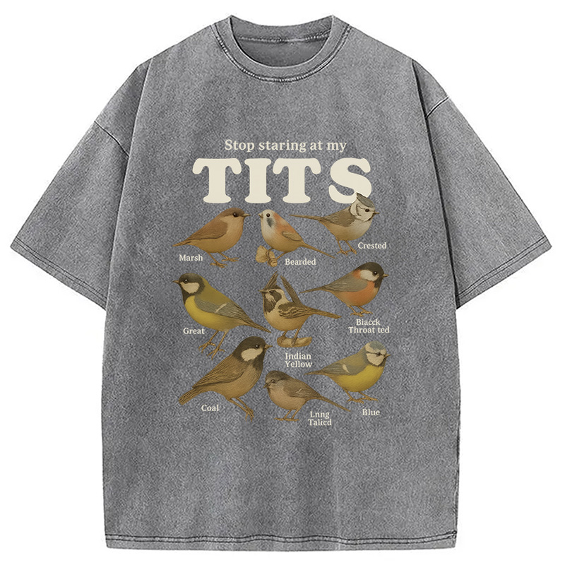 Modecanvas Stop Staring At My Tits Meme Bird Washed T-Shirt