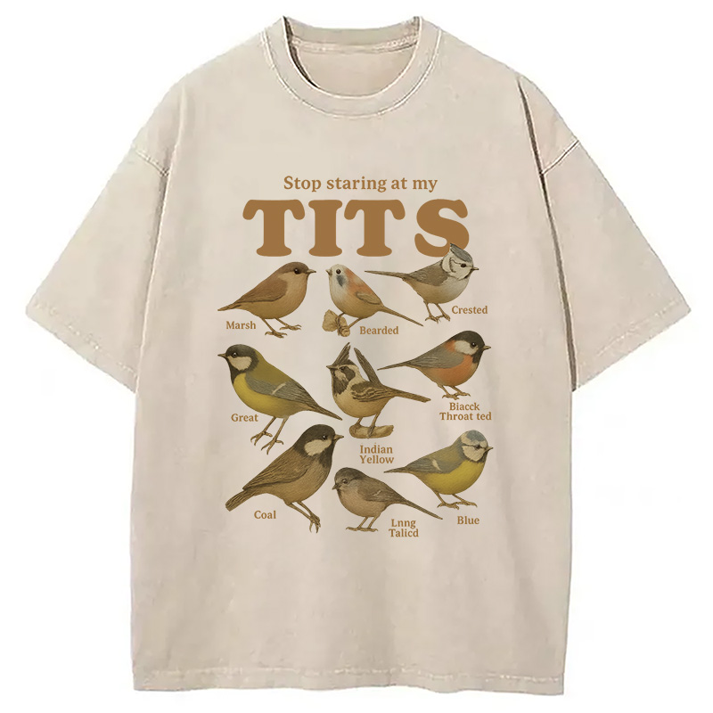 Modecanvas Stop Staring At My Tits Meme Bird Washed T-Shirt