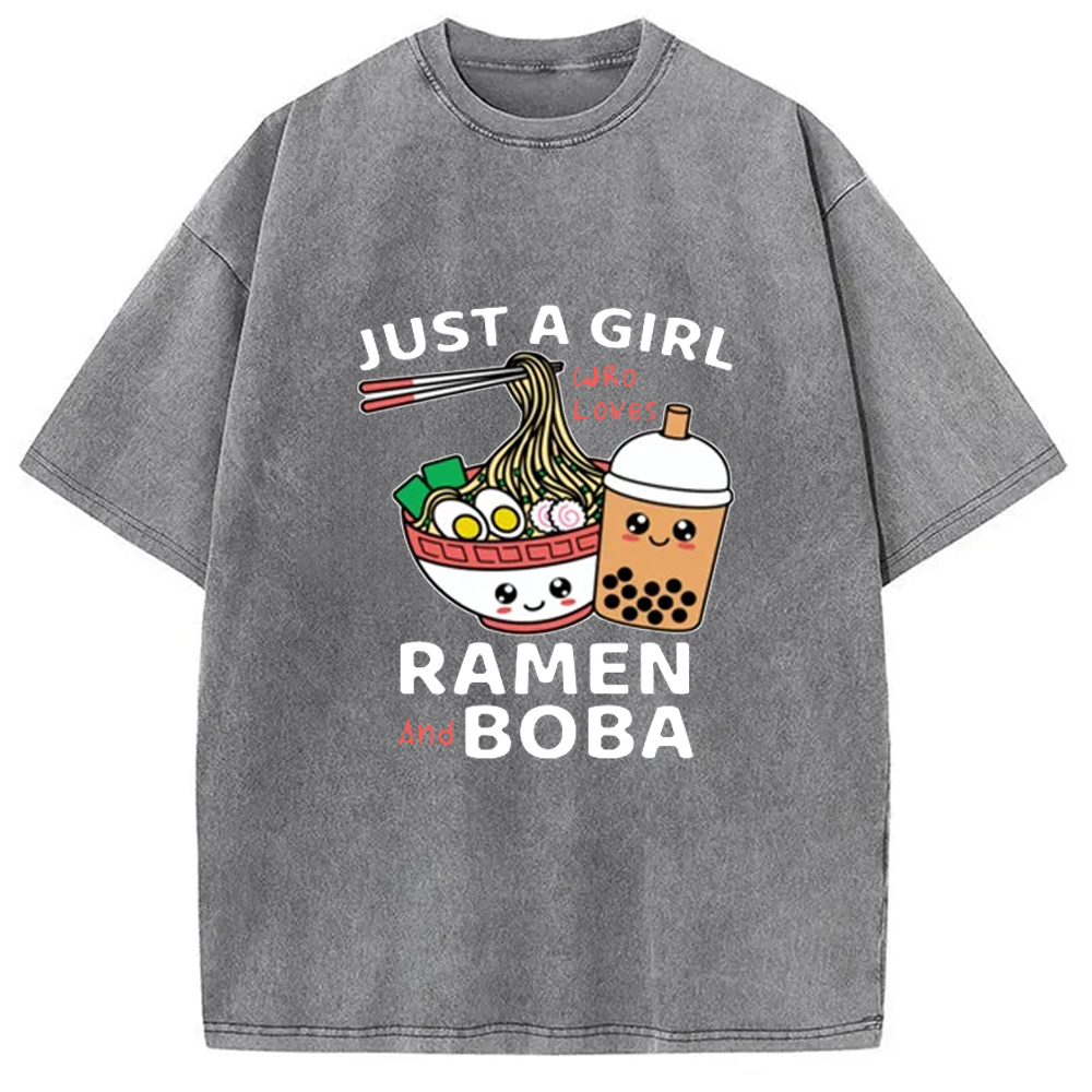 Modecanvas Just A Girl Who Loves Ramen And Boba Washed T-Shirt