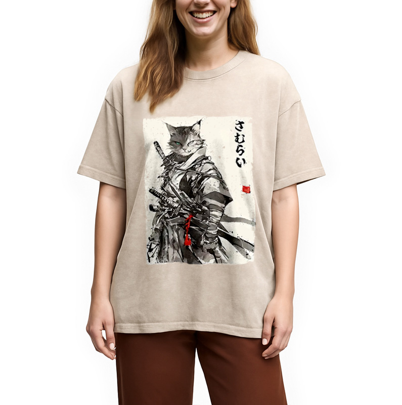 Modecanvas Retro Japanese Cat Samurai Washed T-Shirt