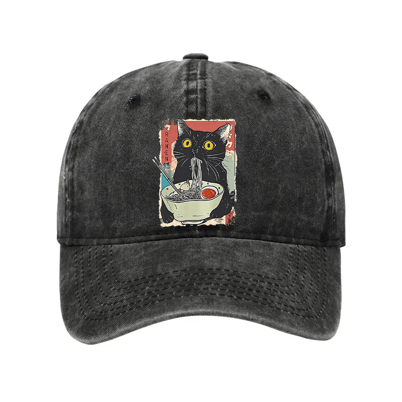 Modecanvas Cute Cat Eating Ramen Washed Cap-modecanvas