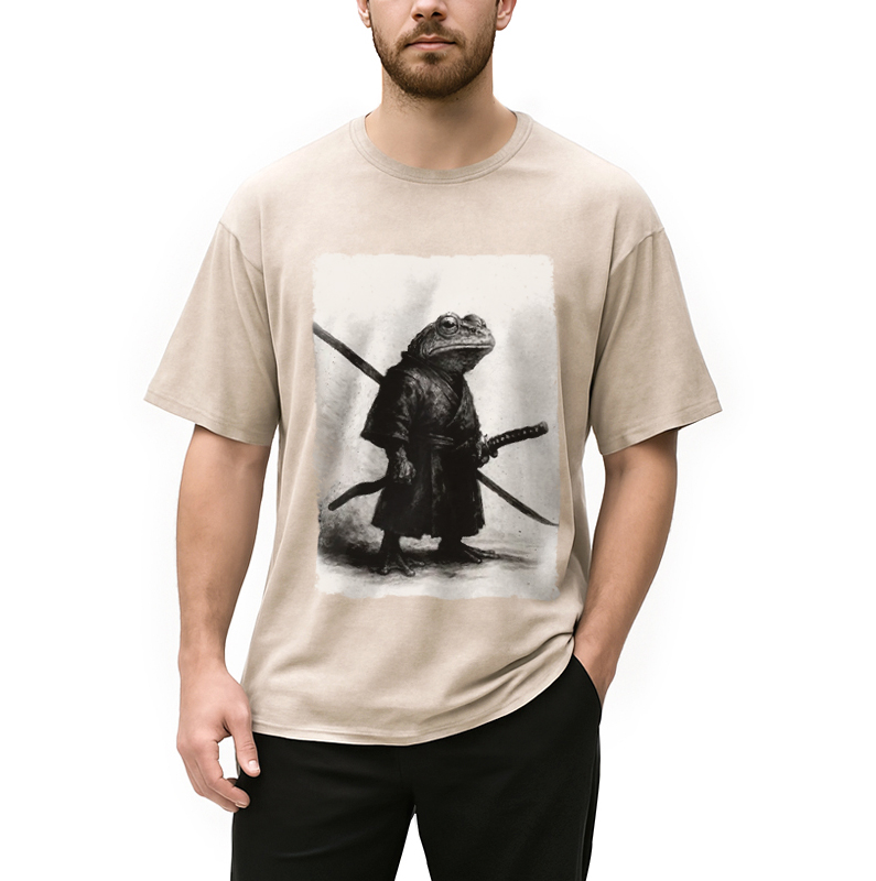 Modecanvas Retro Frog Samurai Japanese Washed T-Shirt