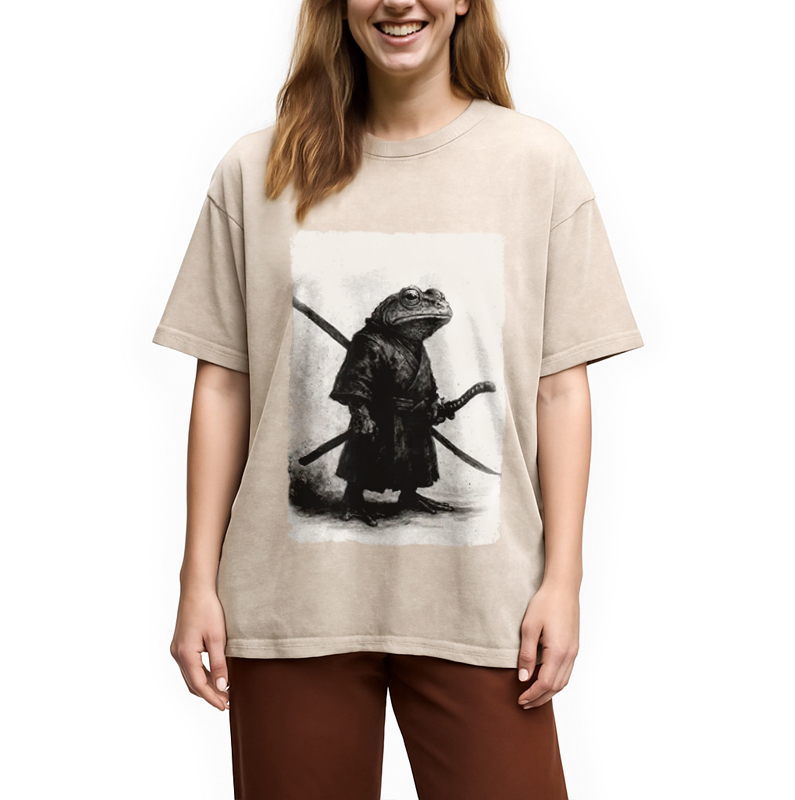 Modecanvas Retro Frog Samurai Japanese Washed T-Shirt