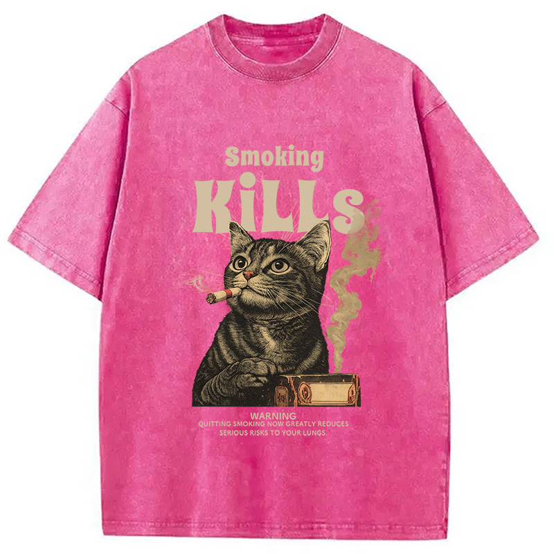 Modecanvas Smoking Mills Cat Meme Washed T-Shirt-modecanvas