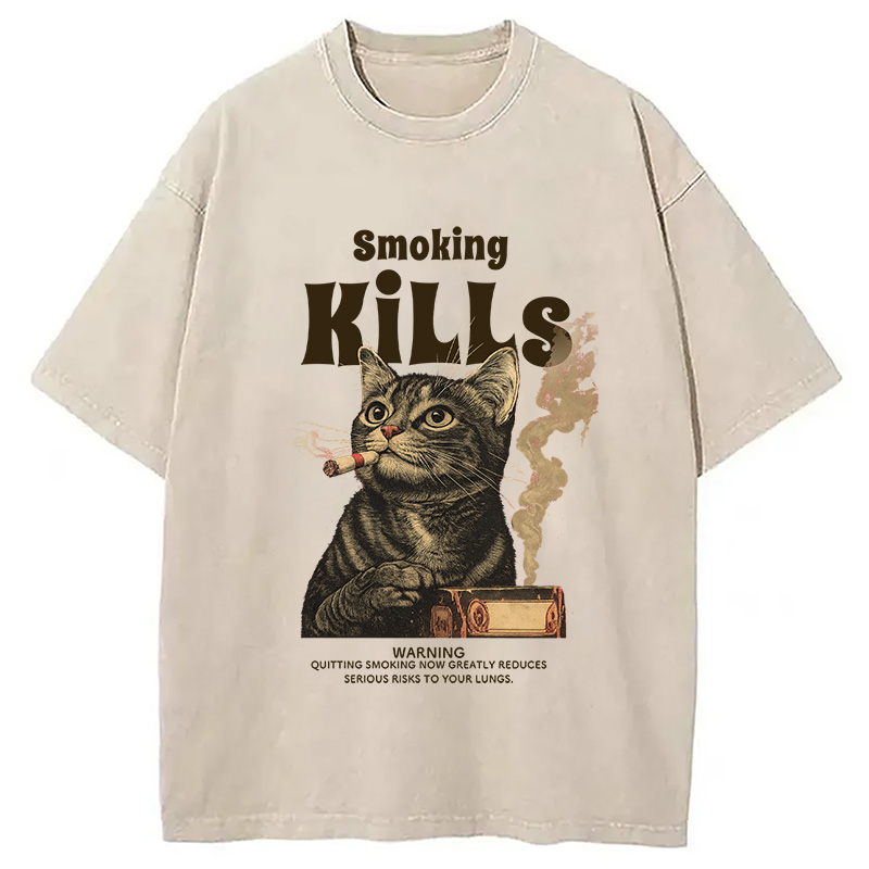 Modecanvas Smoking Mills Cat Meme Washed T-Shirt-modecanvas
