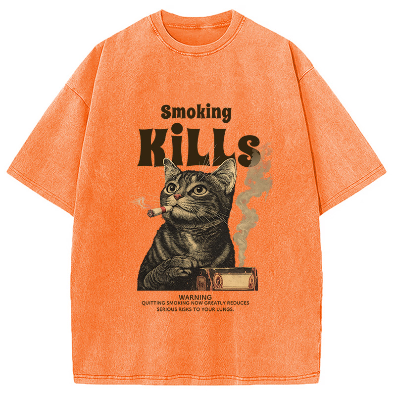 Modecanvas Smoking Mills Cat Meme Washed T-Shirt-modecanvas