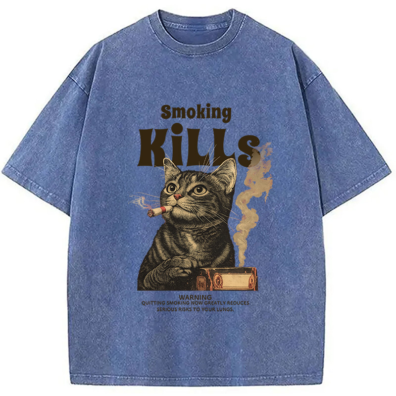 Modecanvas Smoking Mills Cat Meme Washed T-Shirt-modecanvas