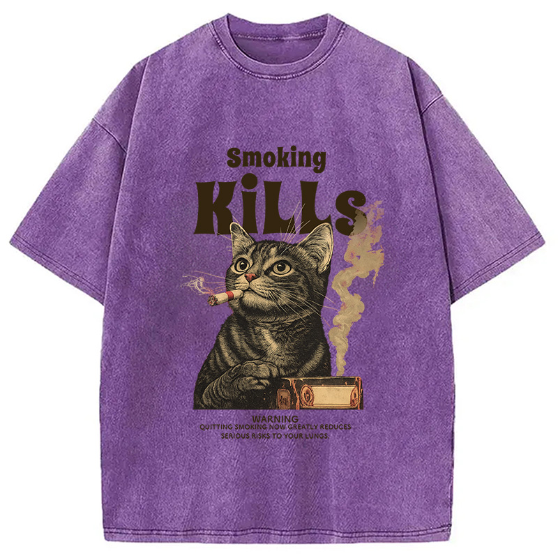 Modecanvas Smoking Mills Cat Meme Washed T-Shirt-modecanvas