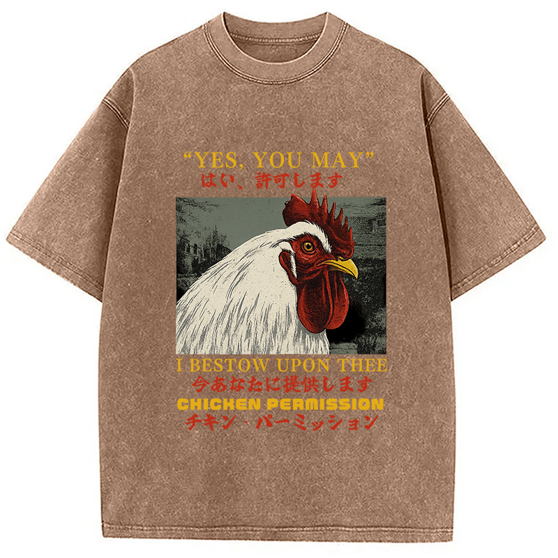 Modecanvas Chicken Permission Vintage DTG Printing Washed T-Shirt-modecanvas