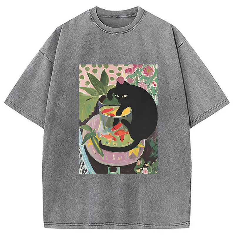 Modecanvas Goldfish And A Cat Washed T-Shirt
