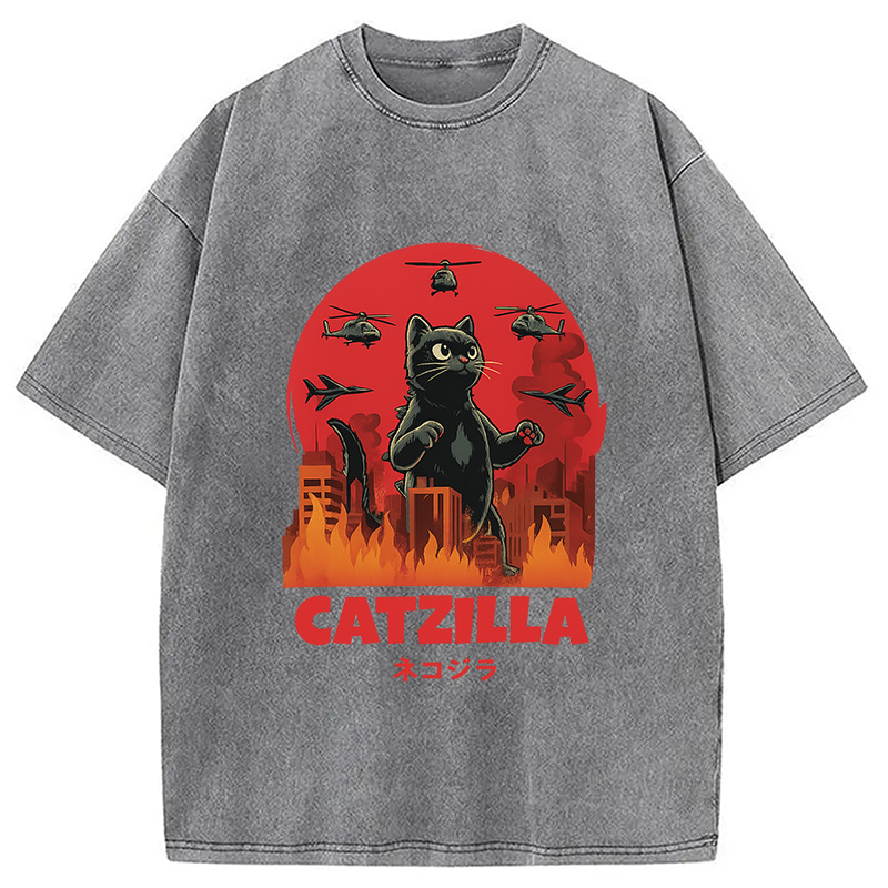 Modecanvas Catzilla Cat Japanese Vintage Washed T-Shirt