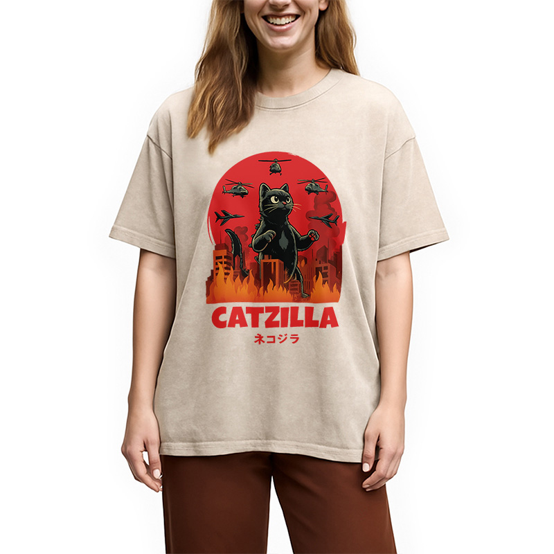 Modecanvas Catzilla Cat Japanese Vintage Washed T-Shirt