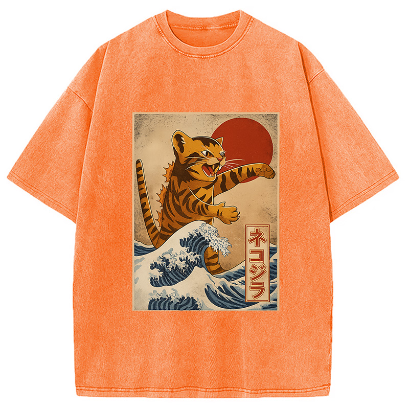 Modecanvas Catzilla Orange Cat Japanese Vintage Washed T-Shirt