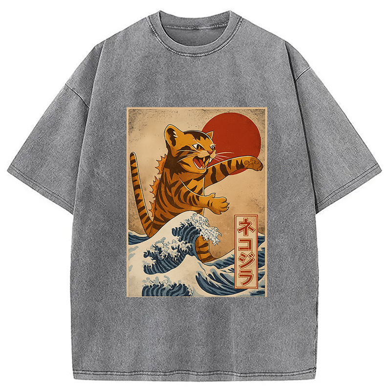 Modecanvas Catzilla Orange Cat Japanese Vintage Washed T-Shirt