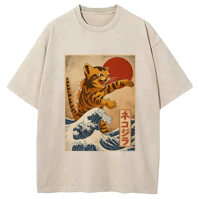 Modecanvas Catzilla Orange Cat Japanese Vintage Washed T-Shirt