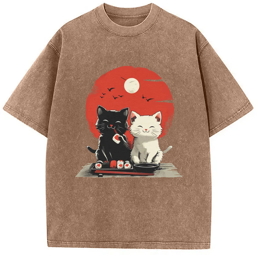 Modecanvas Black And White Cat Vintage Washed T-Shirt