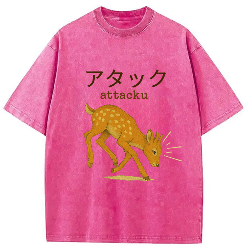 Modecanvas Funny Japanese Deer Washed T-Shirt