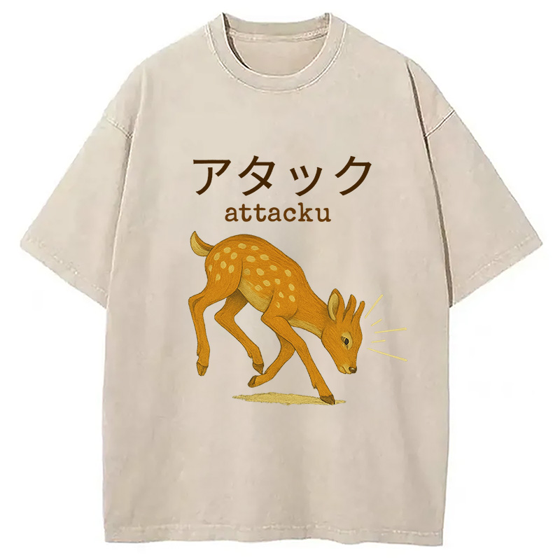 Modecanvas Funny Japanese Deer Washed T-Shirt