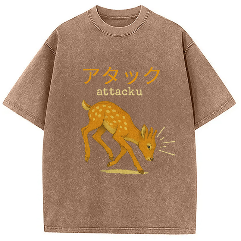Modecanvas Funny Japanese Deer Washed T-Shirt