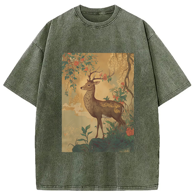 Modecanvas Graceful Japanese Deer Washed T-Shirt