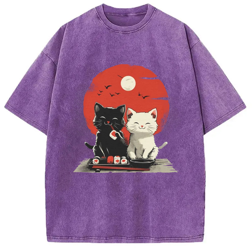 Modecanvas Black And White Cat Vintage Washed T-Shirt