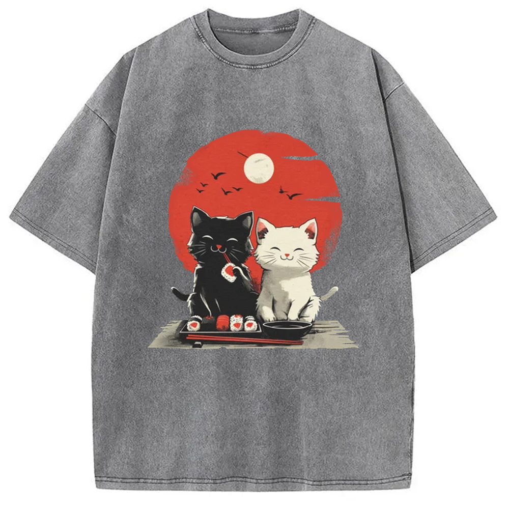 Modecanvas Black And White Cat Vintage Washed T-Shirt