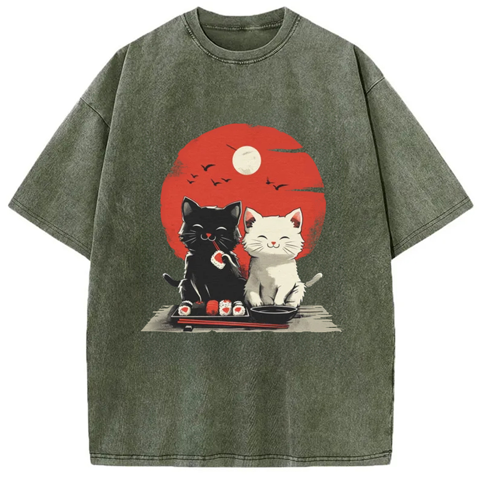 Modecanvas Black And White Cat Vintage Washed T-Shirt