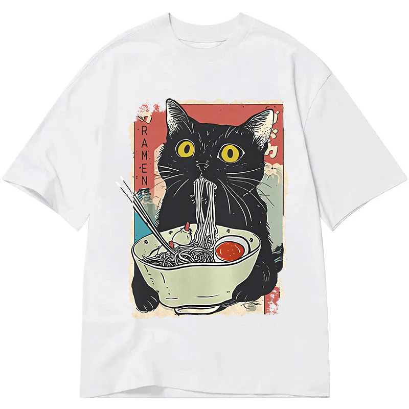 Modecanvas Cute Cat Eating Ramen DTG Printing Classic T-Shirt-modecanvas