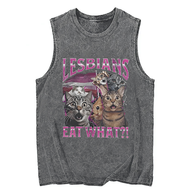 Modecanvas Lesbians Eat What?! Funny DTG Printing Washed Tank-modecanvas