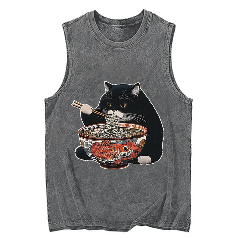 Modecanvas Fat Cat Eating Ramen DTG Printing Washed Tank-modecanvas