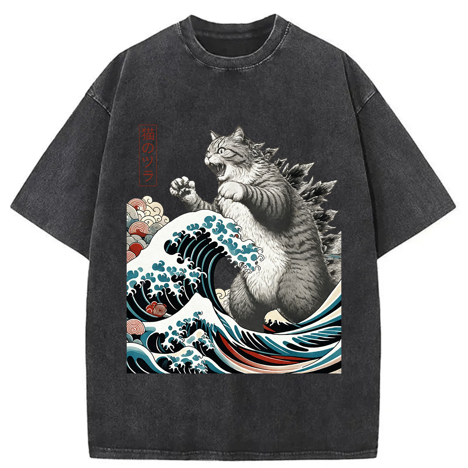 Modecanvas Cat Ukiyoe Great Wave Vintage Japanese Design Washed T-Shirt-modecanvas