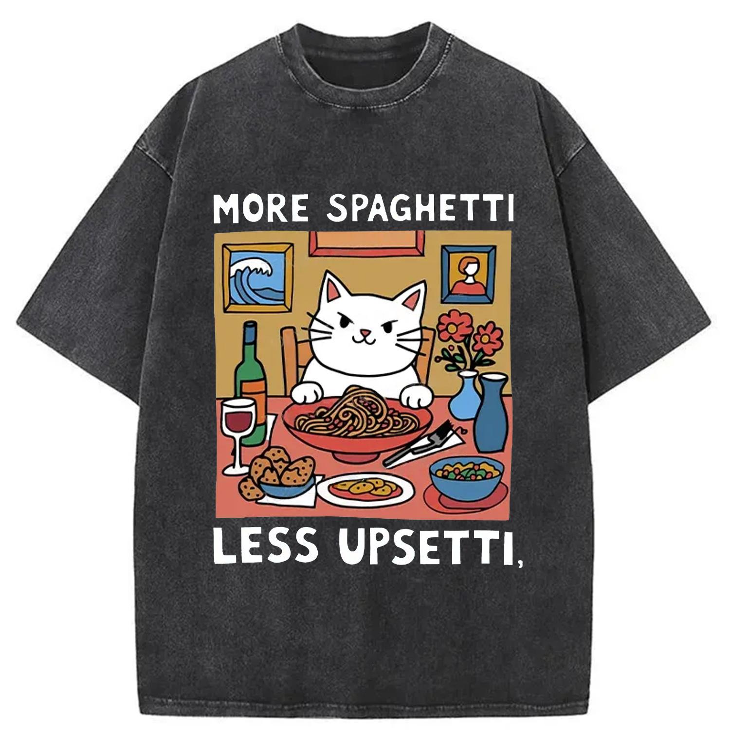 Modecanvas Cat Eating Spaghetti Washed T-Shirt