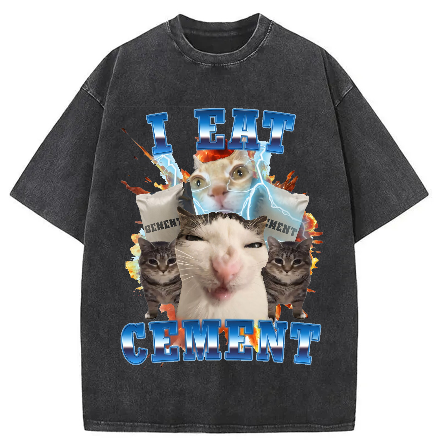 Modecanvas I Eat Cement Funny Cat Meme Washed T-Shirt-modecanvas
