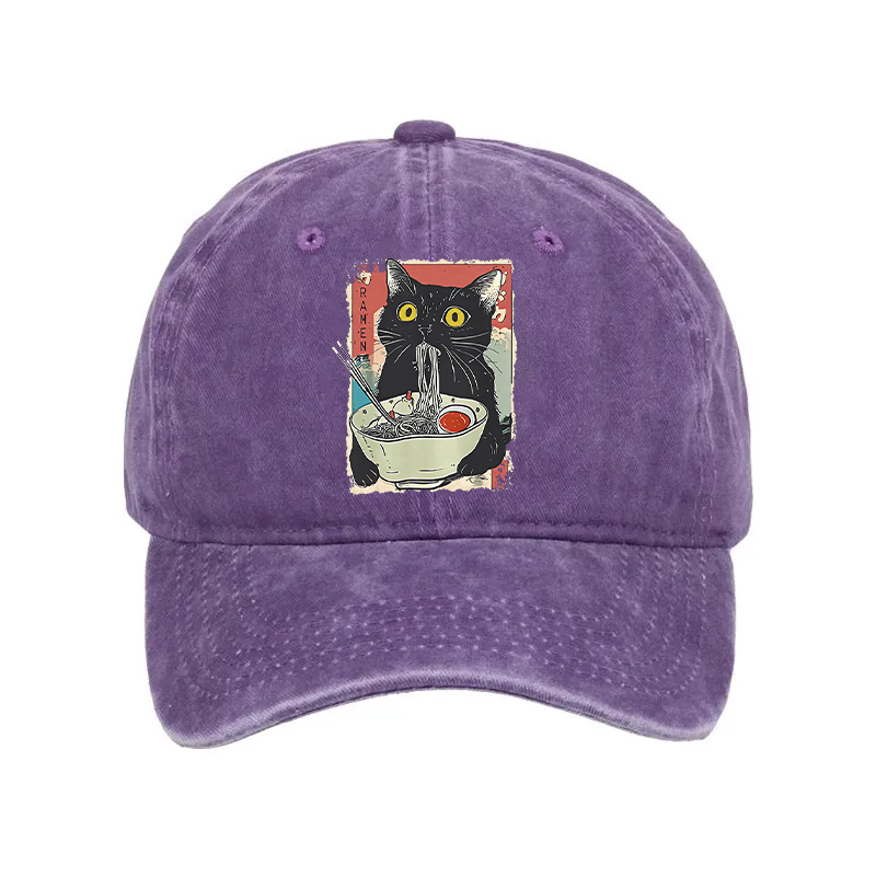 Modecanvas Cute Cat Eating Ramen Washed Cap-modecanvas