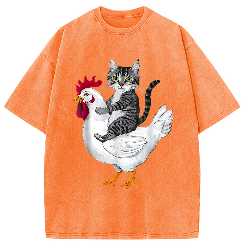 Modecanvas Funny Cat Riding Chicken Washed T-Shirt