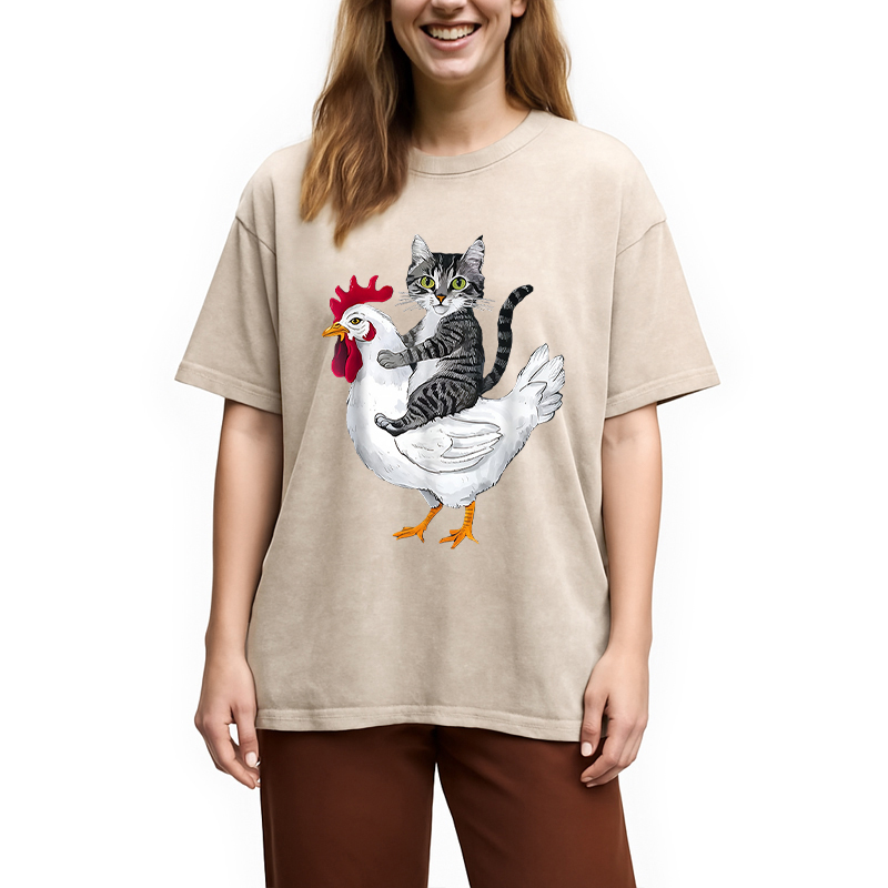 Modecanvas Funny Cat Riding Chicken Washed T-Shirt