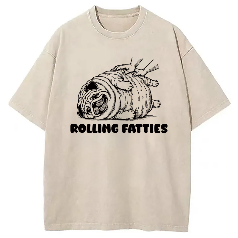 Modecanvas Rolling Fatties Dog Funny Pug Meme Washed T-Shirt