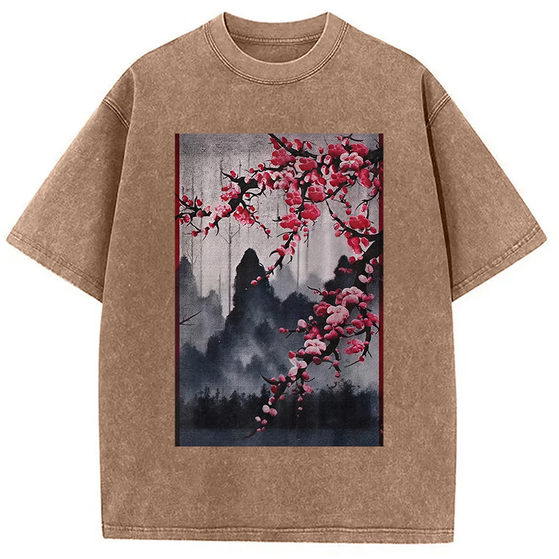Modecanvas Cherry Blossom Woodblock Japanese Washed T-Shirt