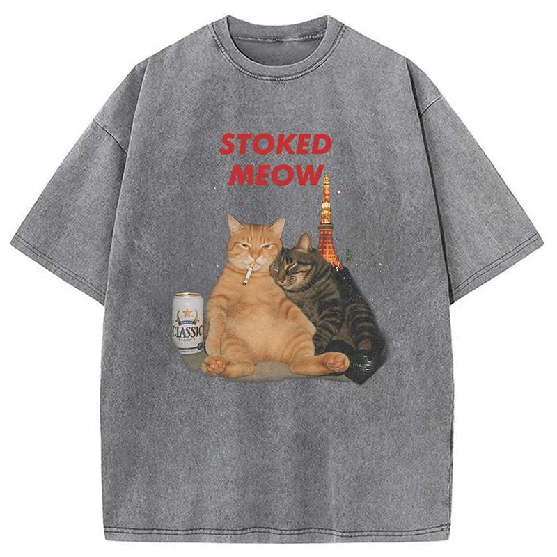 Modecanvas Stoked Meow Smoking Cat Washed T-Shirt
