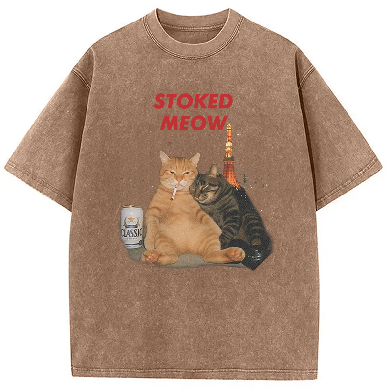 Modecanvas Stoked Meow Smoking Cat Washed T-Shirt