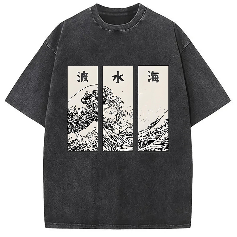 Modecanvas Japanese Art Wave Washed T-Shirt-modecanvas